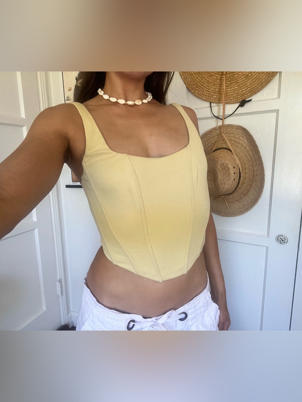 Yellow Corset Crop Top - Women's Structured Square Neck